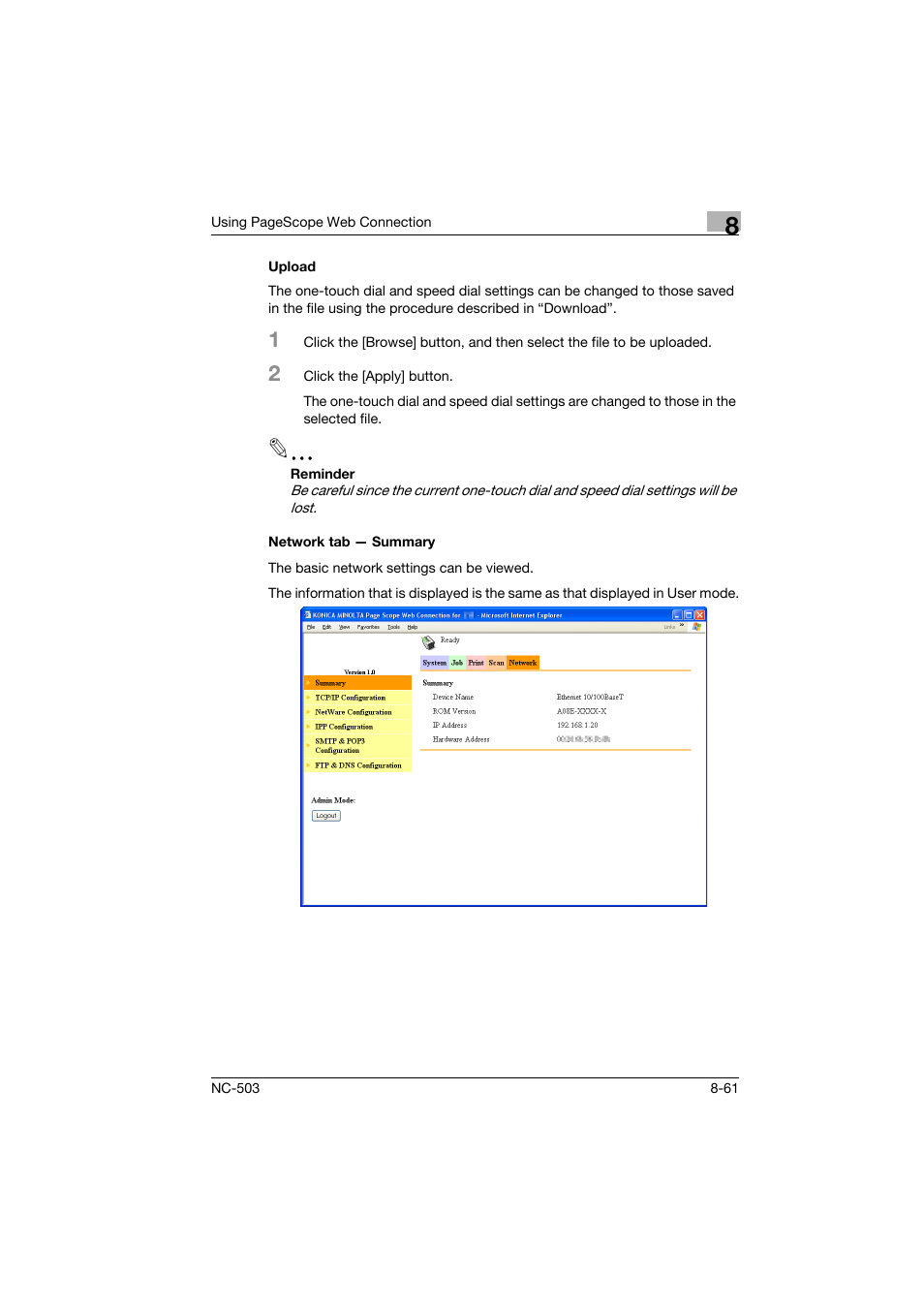 Upload, Network tab - summary, Upload -61 network tab — summary -61 | Konica Minolta NC-503 User Manual | Page 226 / 244