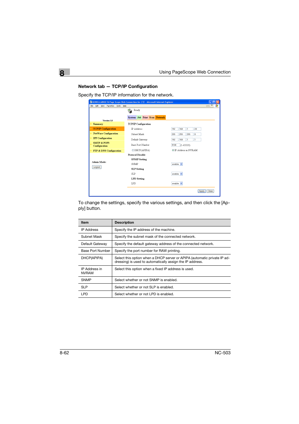 Network tab - tcp/ip configuration, Network tab — tcp/ip configuration -62 | Konica Minolta NC-503 User Manual | Page 227 / 244