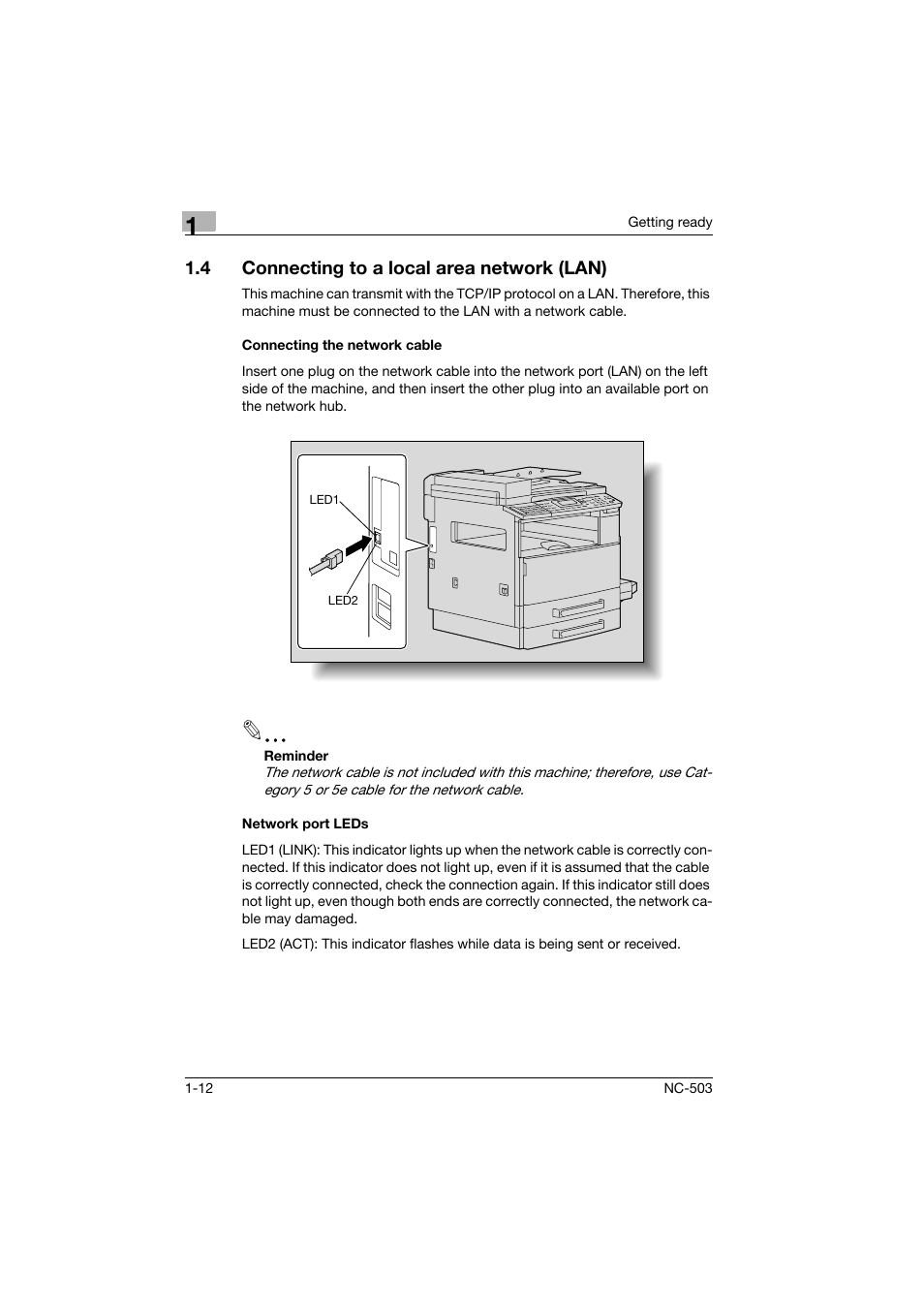 4 connecting to a local area network (lan), Connecting the network cable, Network port leds | Connecting to a local area network (lan) -12 | Konica Minolta NC-503 User Manual | Page 23 / 244