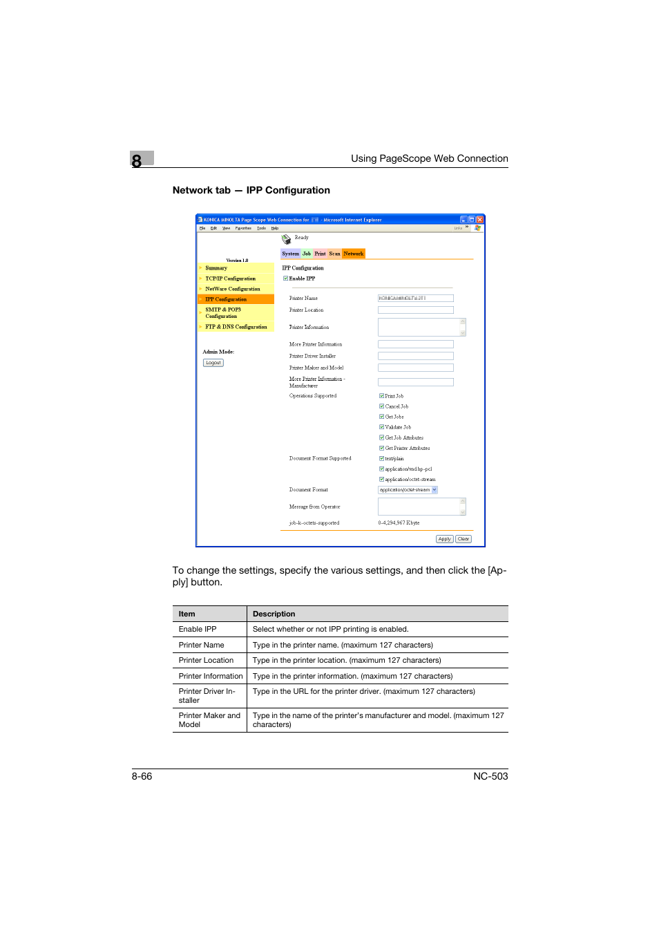 Network tab - ipp configuration, Network tab — ipp configuration -66 | Konica Minolta NC-503 User Manual | Page 231 / 244