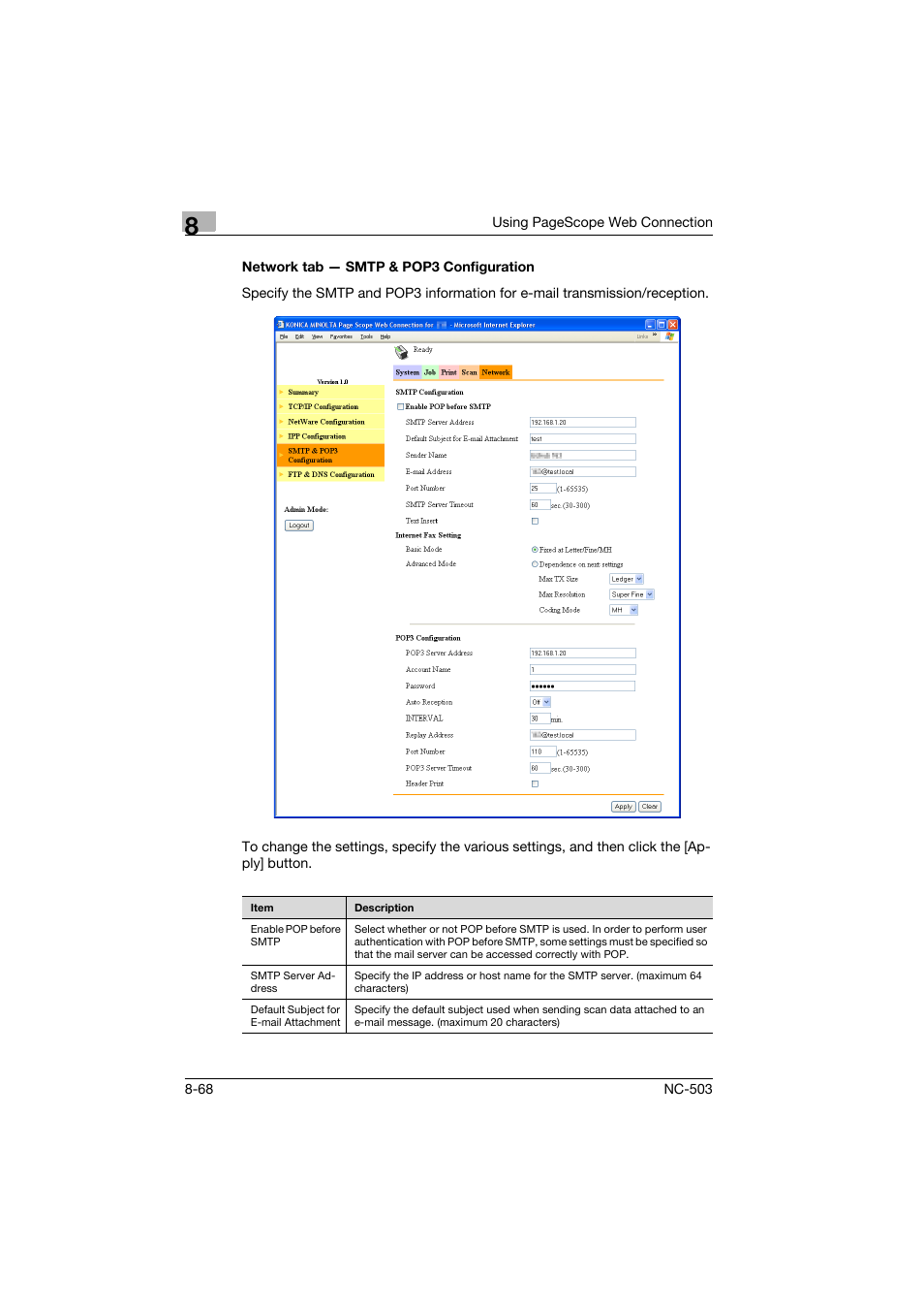 Network tab - smtp & pop3 configuration, Network tab — smtp & pop3 configuration -68 | Konica Minolta NC-503 User Manual | Page 233 / 244