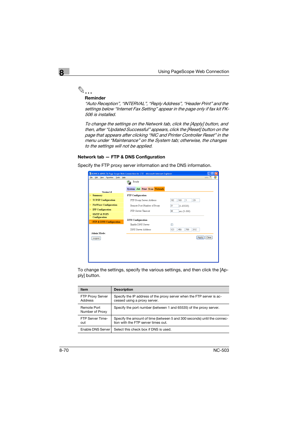 Network tab - ftp & dns configuration, Network tab — ftp & dns configuration -70 | Konica Minolta NC-503 User Manual | Page 235 / 244