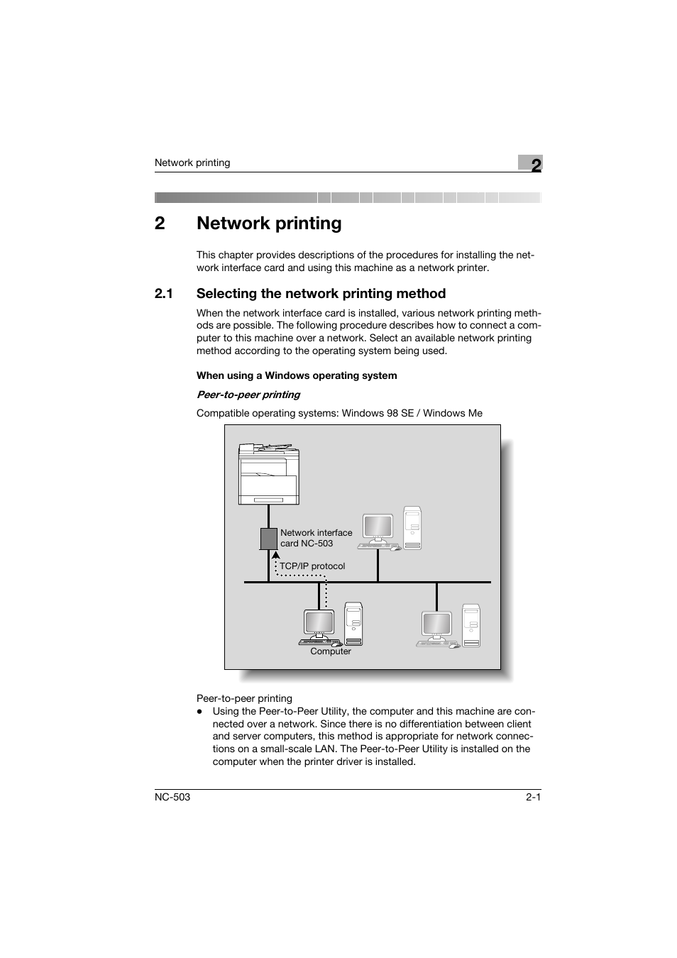 2 network printing, 1 selecting the network printing method, When using a windows operating system | Network printing, Selecting the network printing method -1, When using a windows operating system -1, 2network printing | Konica Minolta NC-503 User Manual | Page 24 / 244