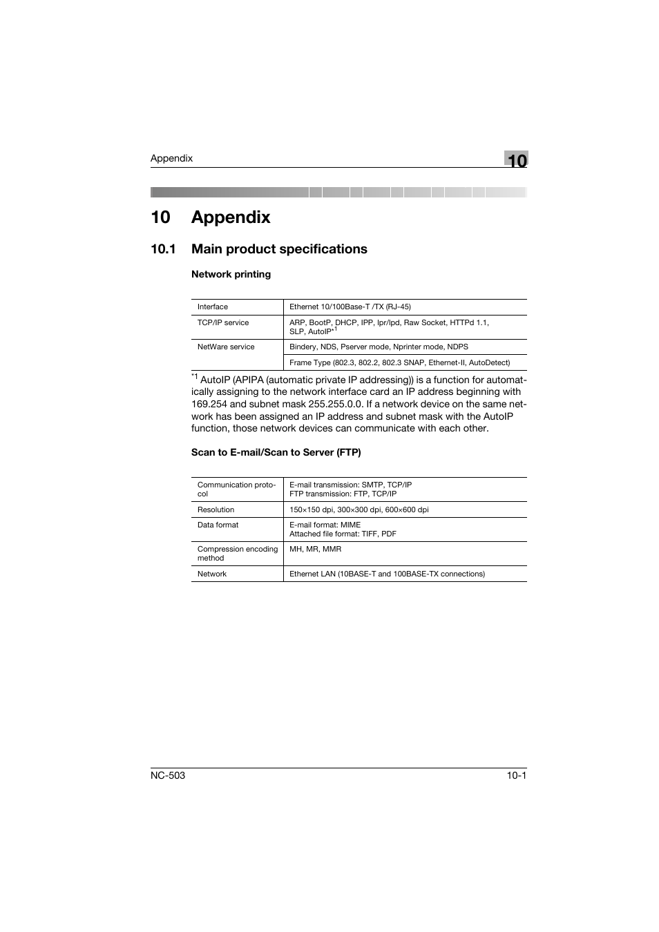 10 appendix, 1 main product specifications, Network printing | Scan to e-mail/scan to server (ftp), Main product specifications -1 | Konica Minolta NC-503 User Manual | Page 242 / 244