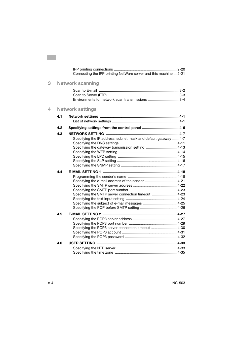 3network scanning, 4network settings | Konica Minolta NC-503 User Manual | Page 5 / 244