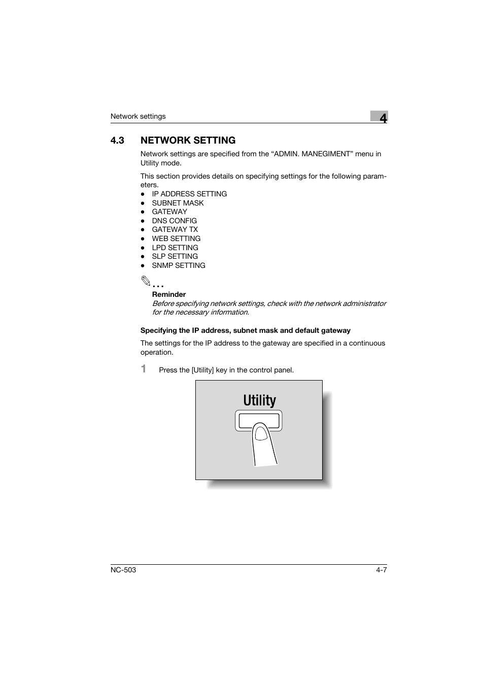 3 network setting, Network setting -7 | Konica Minolta NC-503 User Manual | Page 58 / 244