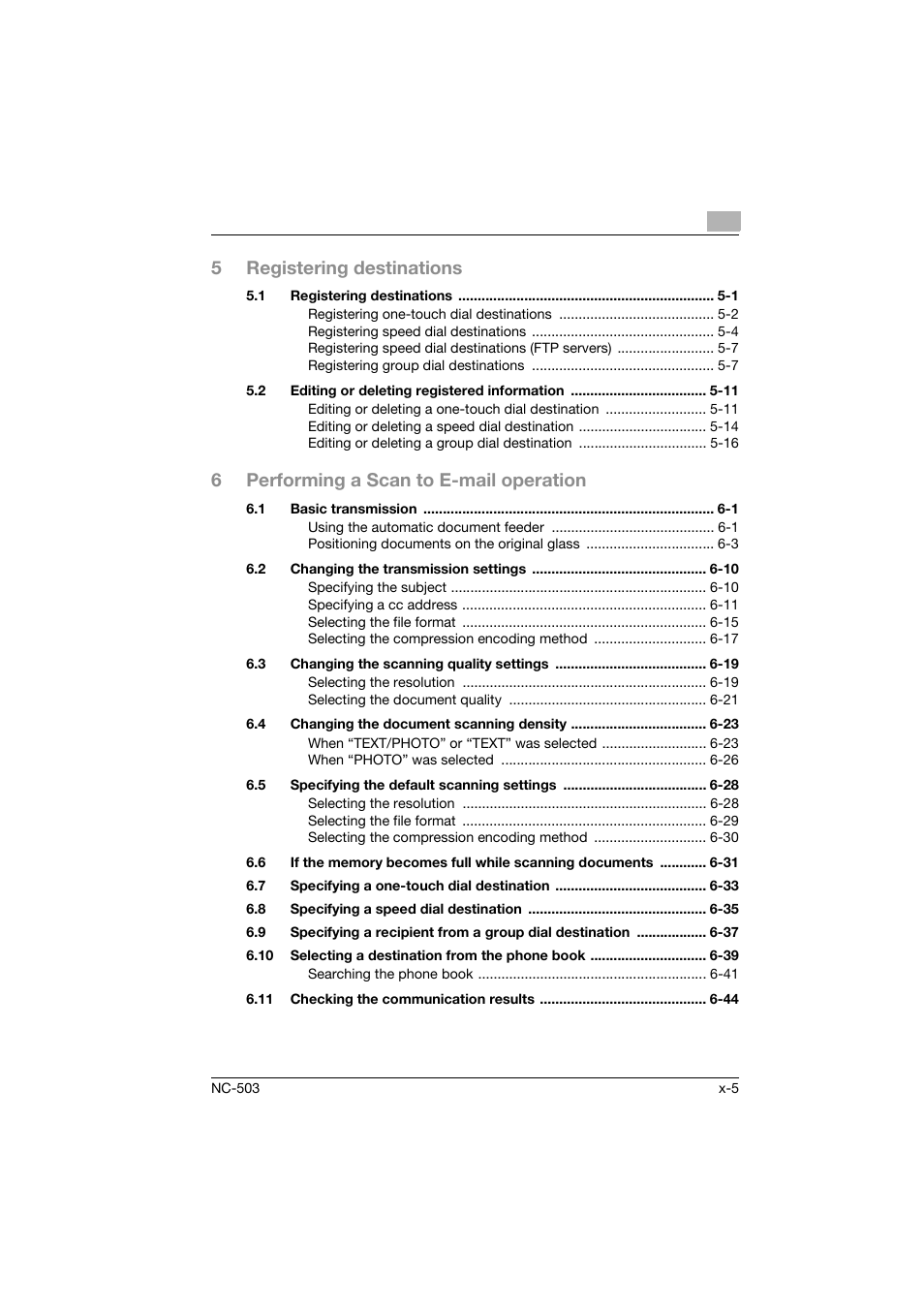 5registering destinations, 6performing a scan to e-mail operation | Konica Minolta NC-503 User Manual | Page 6 / 244