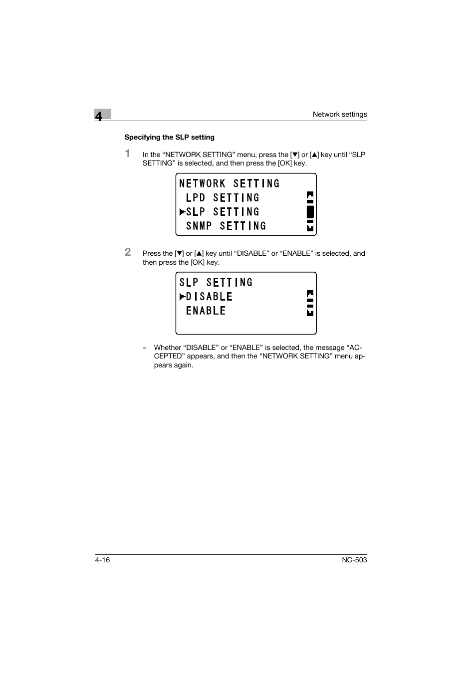 Specifying the slp setting, Specifying the slp setting -16 | Konica Minolta NC-503 User Manual | Page 67 / 244