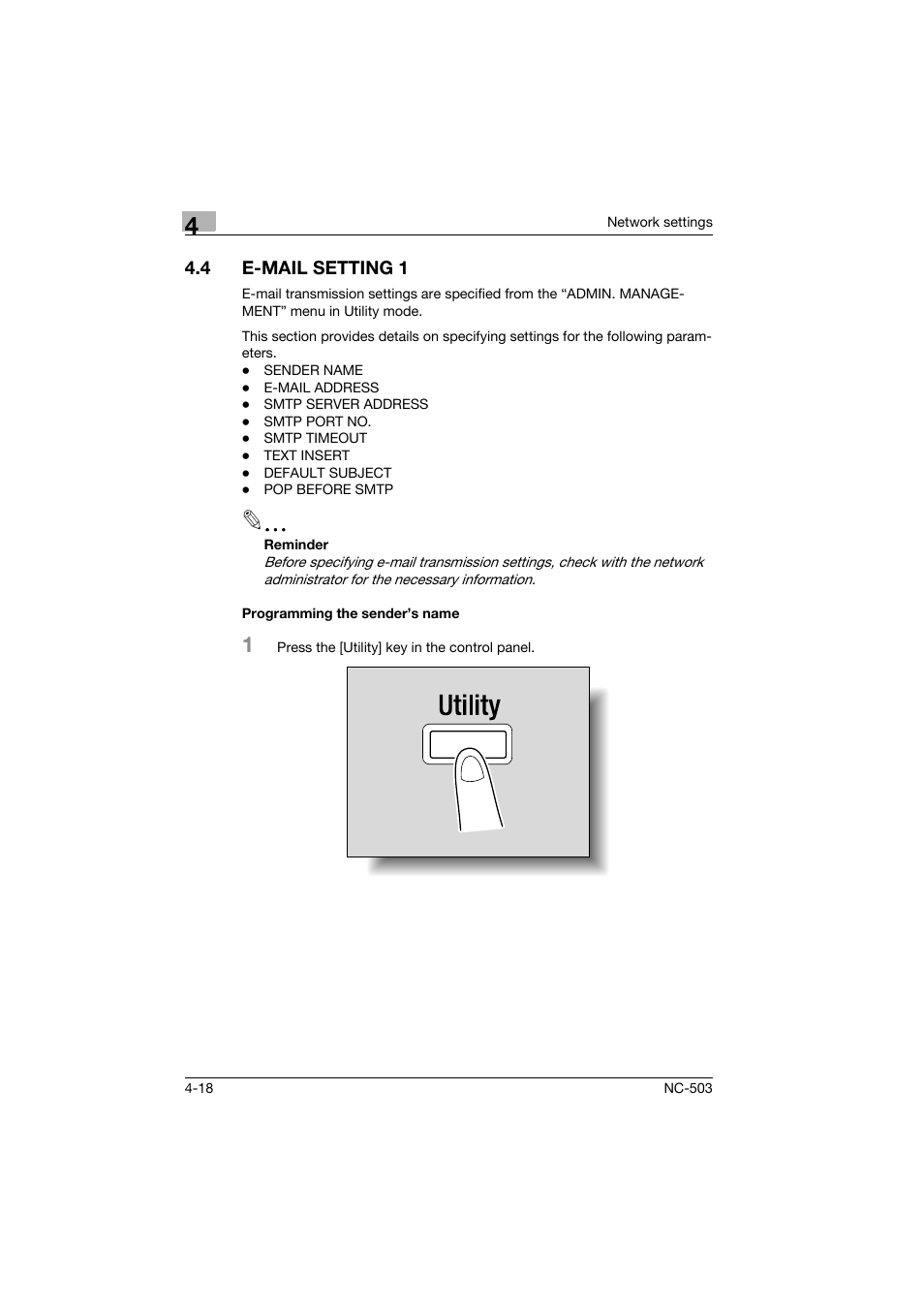 4 e-mail setting 1, Programming the sender’s name, E-mail setting 1 -18 | Programming the sender’s name -18 | Konica Minolta NC-503 User Manual | Page 69 / 244