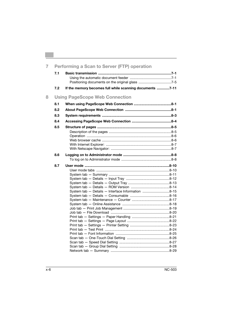 7performing a scan to server (ftp) operation, 8using pagescope web connection | Konica Minolta NC-503 User Manual | Page 7 / 244