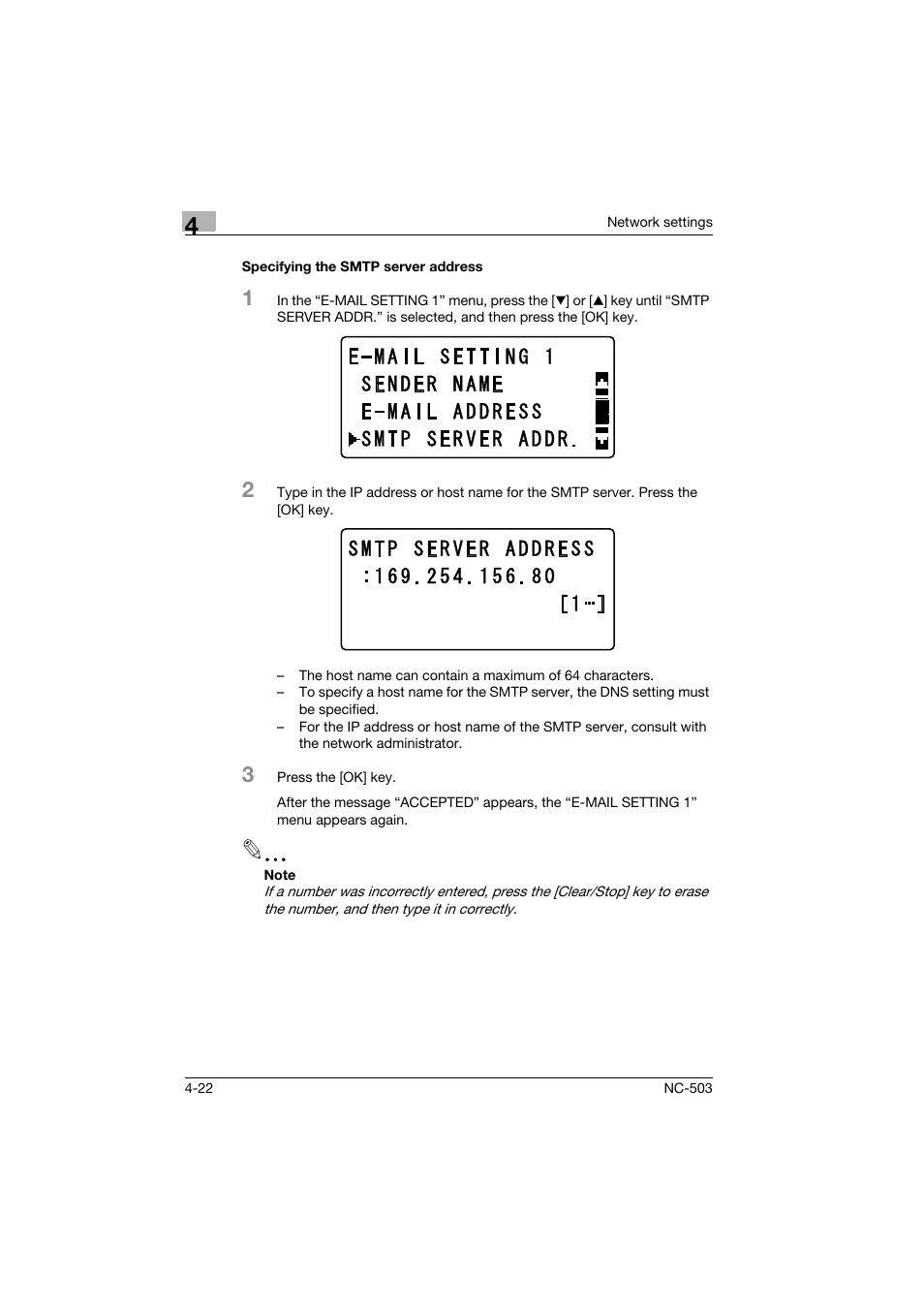 Specifying the smtp server address, Specifying the smtp server address -22 | Konica Minolta NC-503 User Manual | Page 73 / 244