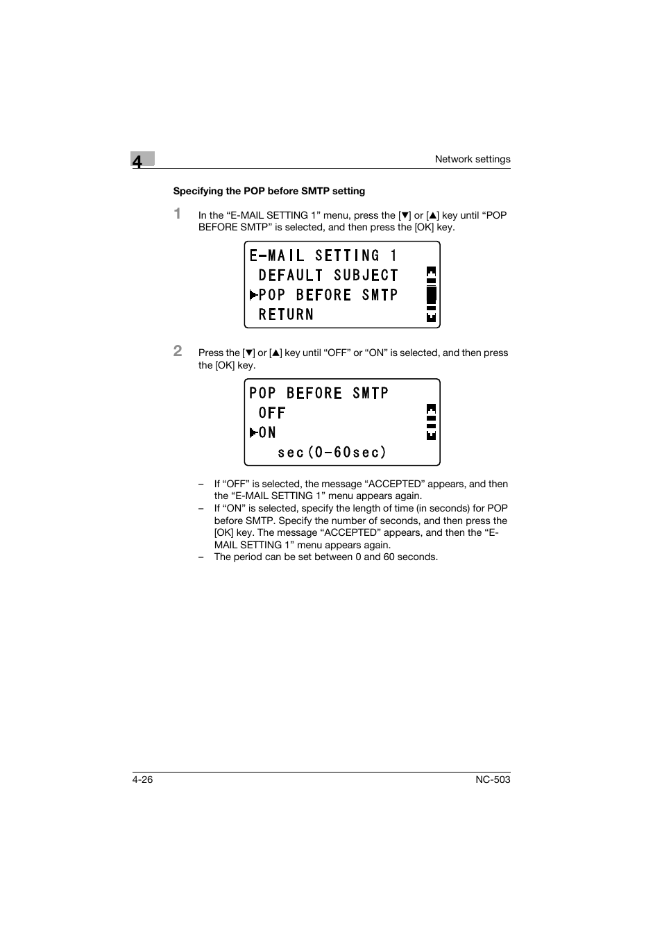 Specifying the pop before smtp setting, Specifying the pop before smtp setting -26 | Konica Minolta NC-503 User Manual | Page 77 / 244