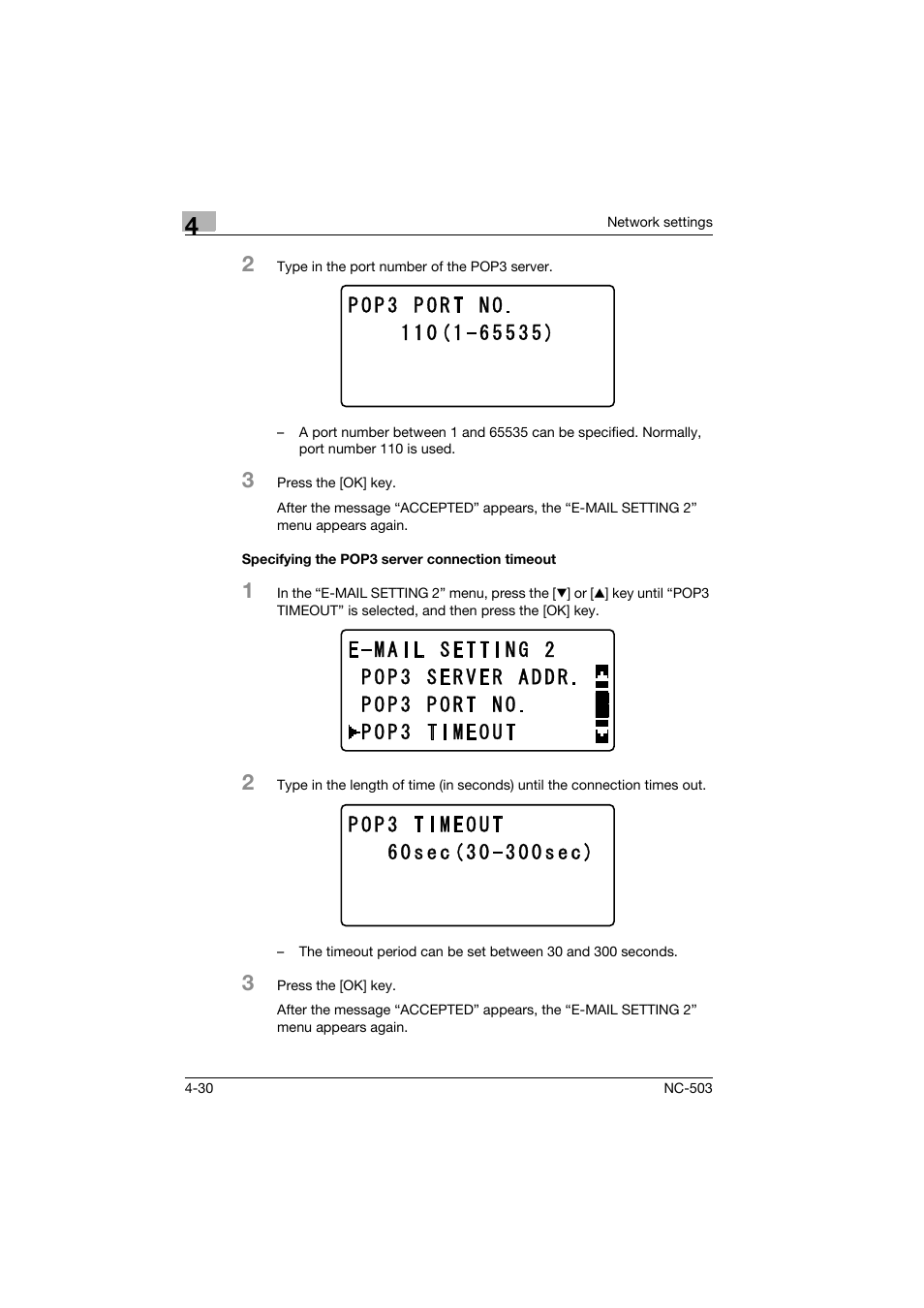 Specifying the pop3 server connection timeout, Specifying the pop3 server connection timeout -30 | Konica Minolta NC-503 User Manual | Page 81 / 244