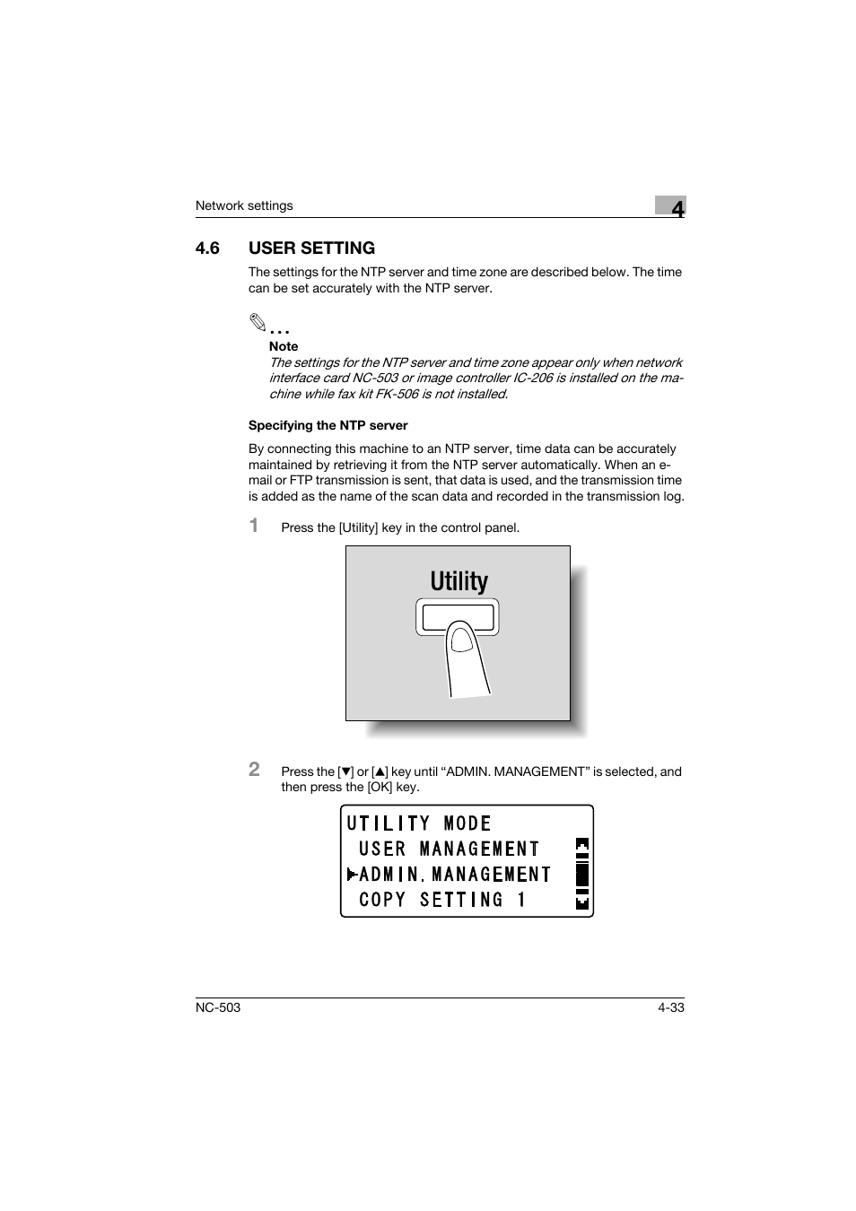 6 user setting, Specifying the ntp server, User setting -33 | Specifying the ntp server -33 | Konica Minolta NC-503 User Manual | Page 84 / 244