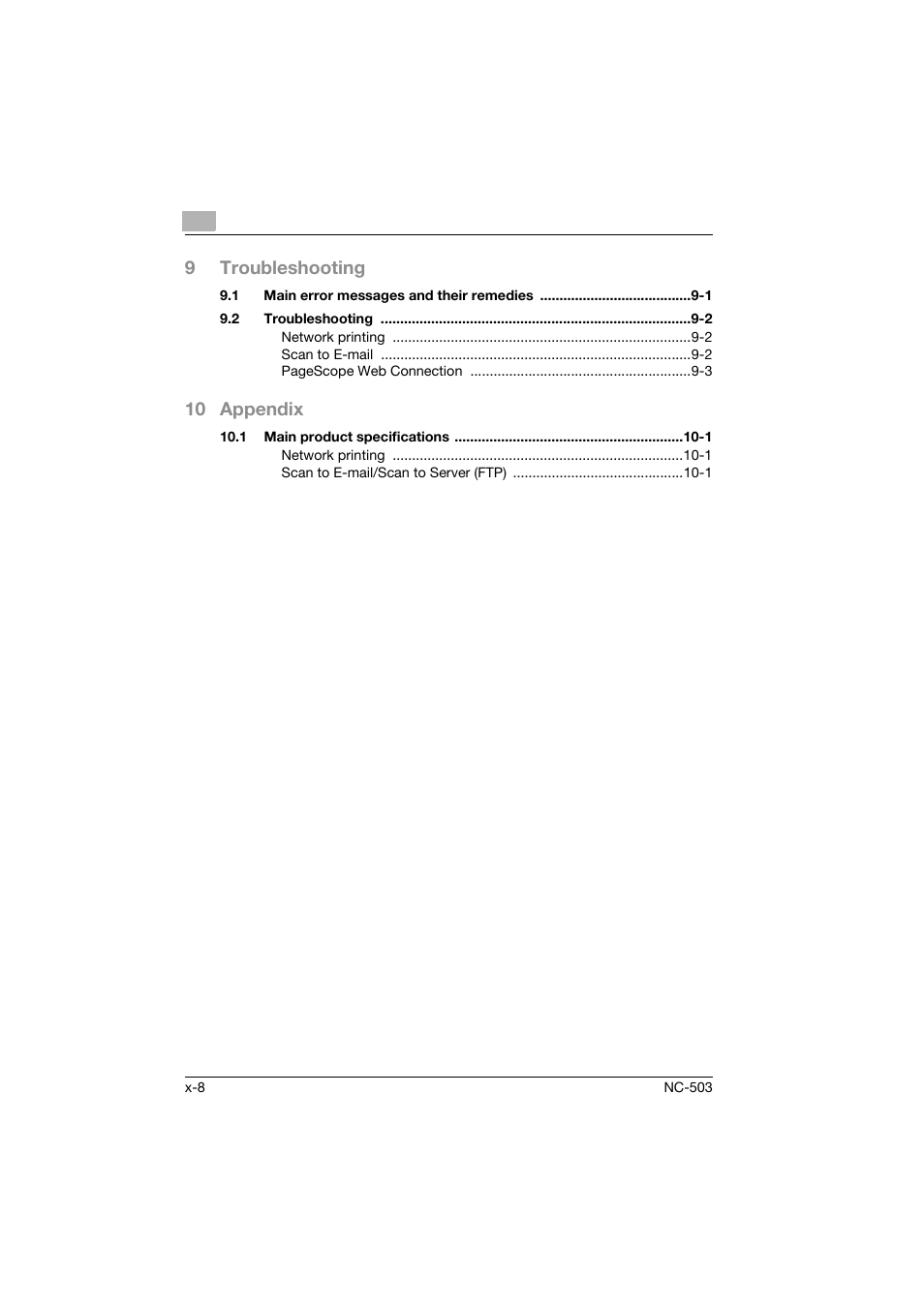 9troubleshooting, 10 appendix | Konica Minolta NC-503 User Manual | Page 9 / 244