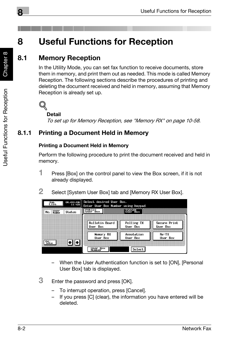 8 useful functions for reception, 1 memory reception, 1 printing a document held in memory | Printing a document held in memory, Useful functions for reception, Memory reception -2, Printing a document held in memory -2, 8useful functions for reception | Konica Minolta bizhub C250 User Manual | Page 145 / 332