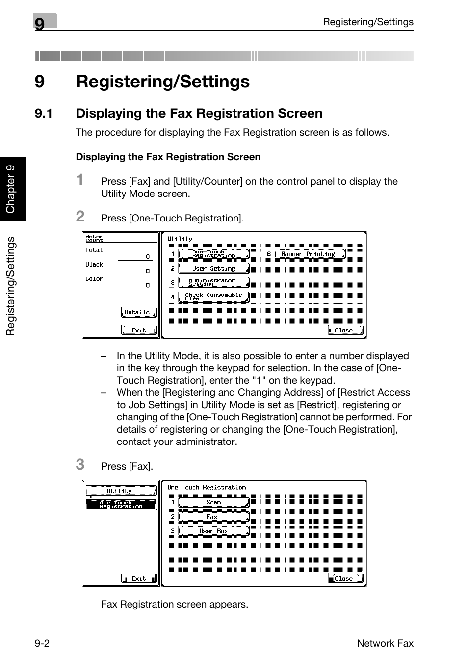 9 registering/settings, 1 displaying the fax registration screen, Displaying the fax registration screen | Registering/settings, Displaying the fax registration screen -2, 9registering/settings | Konica Minolta bizhub C250 User Manual | Page 151 / 332