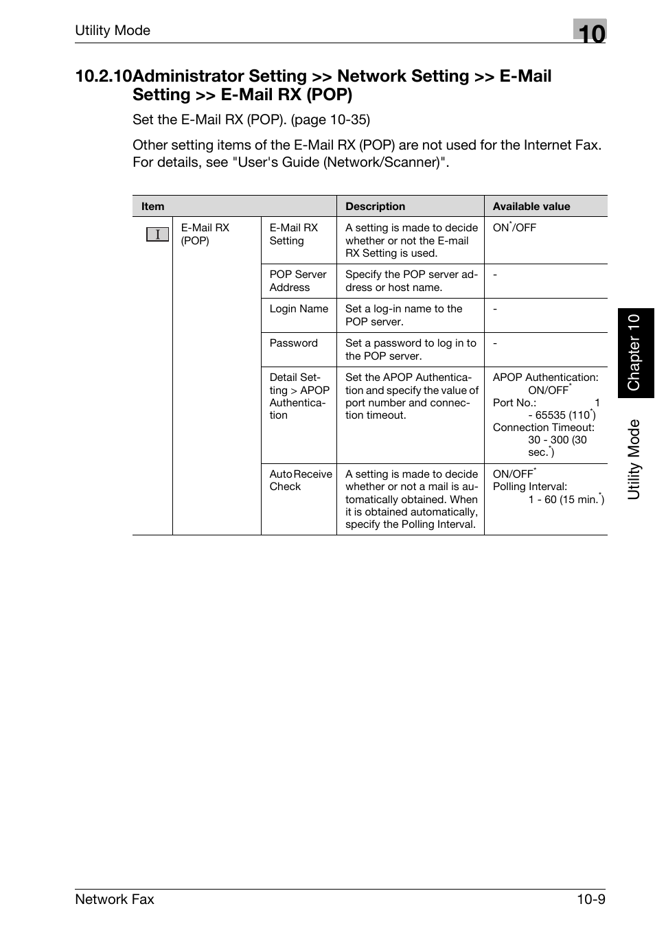 Administrator setting >> network setting, E-mail setting >> e-mail rx (pop) -9, Utility mode chapter 10 | Utility mode, Network fax 10-9 | Konica Minolta bizhub C250 User Manual | Page 186 / 332