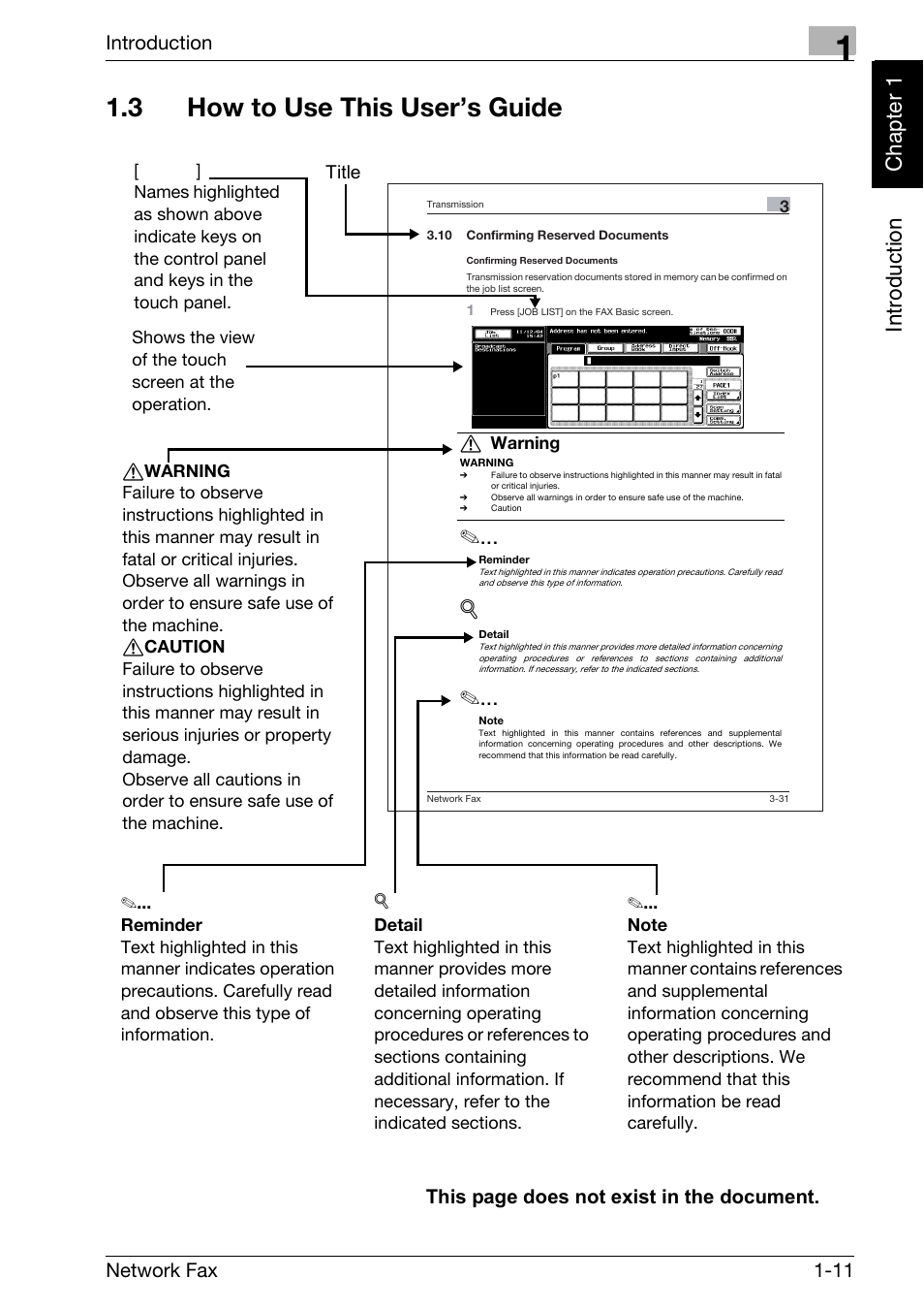 3 how to use this user’s guide, How to use this user’s guide -11, Introduction | Network fax 1-11, This page does not exist in the document | Konica Minolta bizhub C250 User Manual | Page 20 / 332