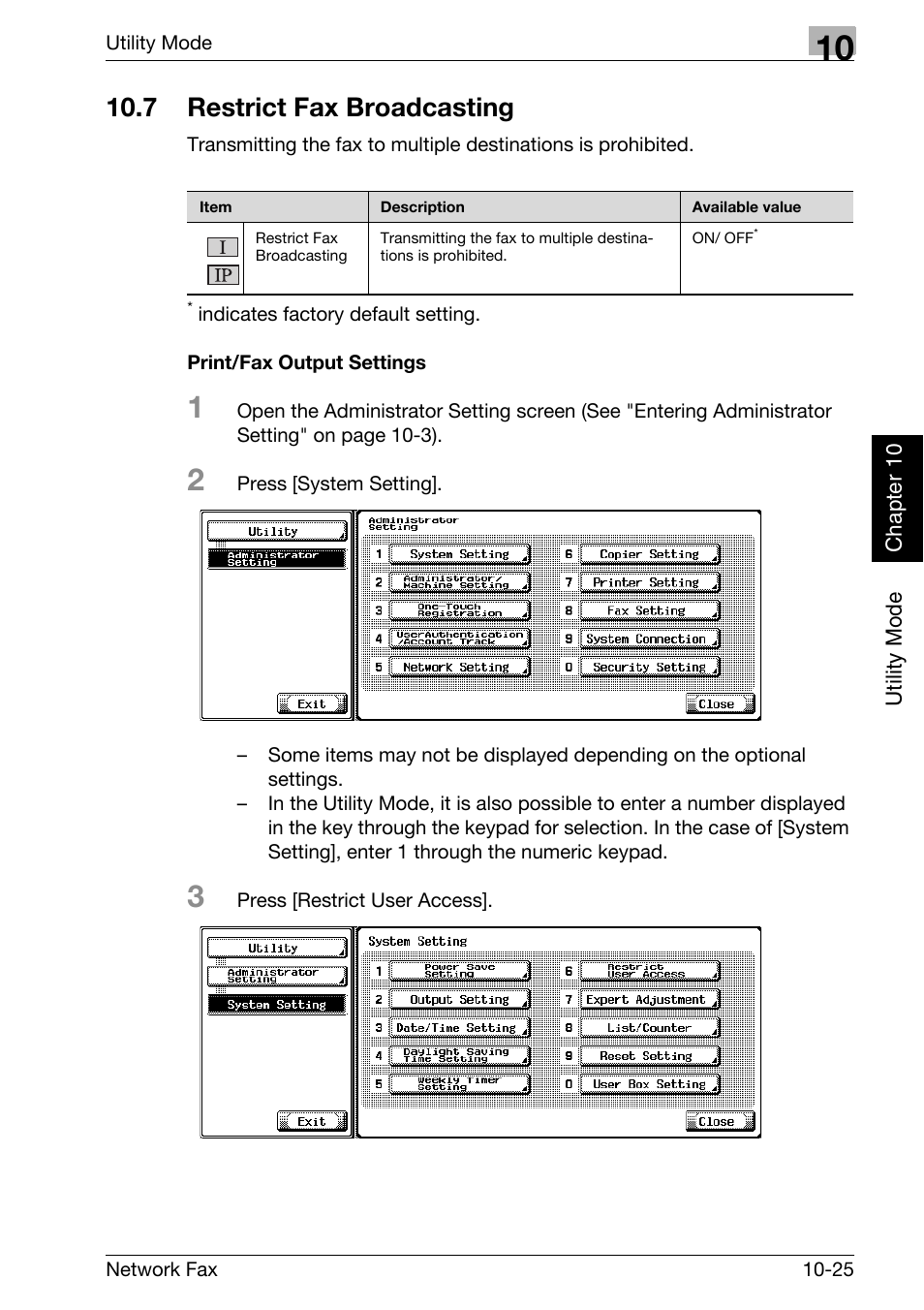 7 restrict fax broadcasting, Print/fax output settings, Restrict fax broadcasting -25 | Konica Minolta bizhub C250 User Manual | Page 202 / 332