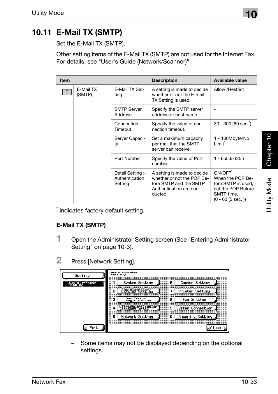 11 e-mail tx (smtp), E-mail tx (smtp), 11 e-mail tx (smtp) -33 | R to p. 10-33 for de, Utility mode chapter 10 | Konica Minolta bizhub C250 User Manual | Page 210 / 332
