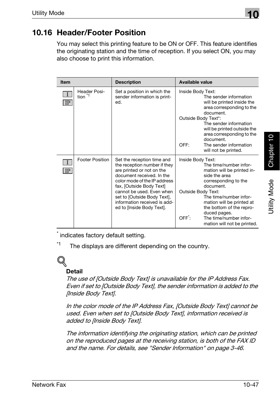 16 header/footer position, 16 header/footer position -47, Utility mode chapter 10 | Konica Minolta bizhub C250 User Manual | Page 224 / 332