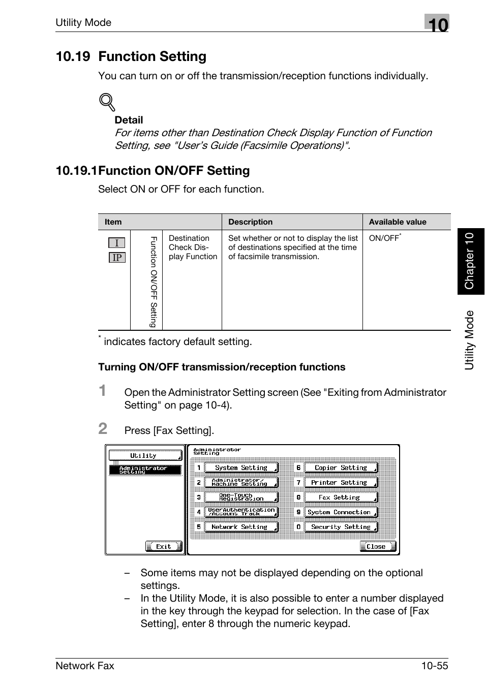 19 function setting, 1 function on/off setting, Turning on/off transmission/reception functions | 19 function setting -55, Function on/off setting -55, 1function on/off setting | Konica Minolta bizhub C250 User Manual | Page 232 / 332