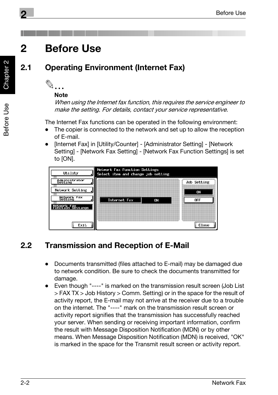 2 before use, 1 operating environment (internet fax), 2 transmission and reception of e-mail | Before use, Operating environment (internet fax) -2, Transmission and reception of e-mail -2, 2before use | Konica Minolta bizhub C250 User Manual | Page 25 / 332
