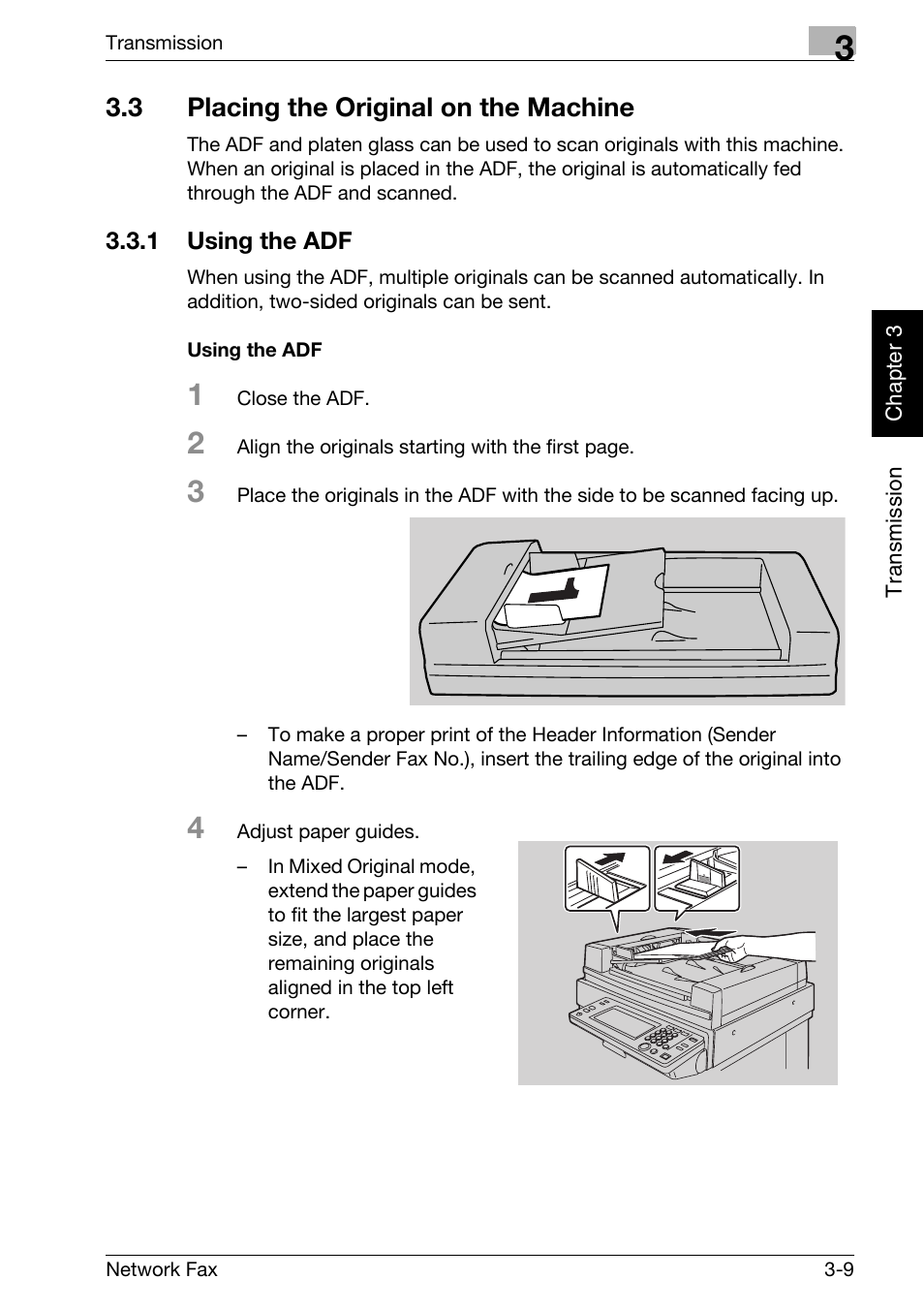 3 placing the original on the machine, 1 using the adf, Using the adf | Placing the original on the machine -9, Using the adf -9 | Konica Minolta bizhub C250 User Manual | Page 46 / 332