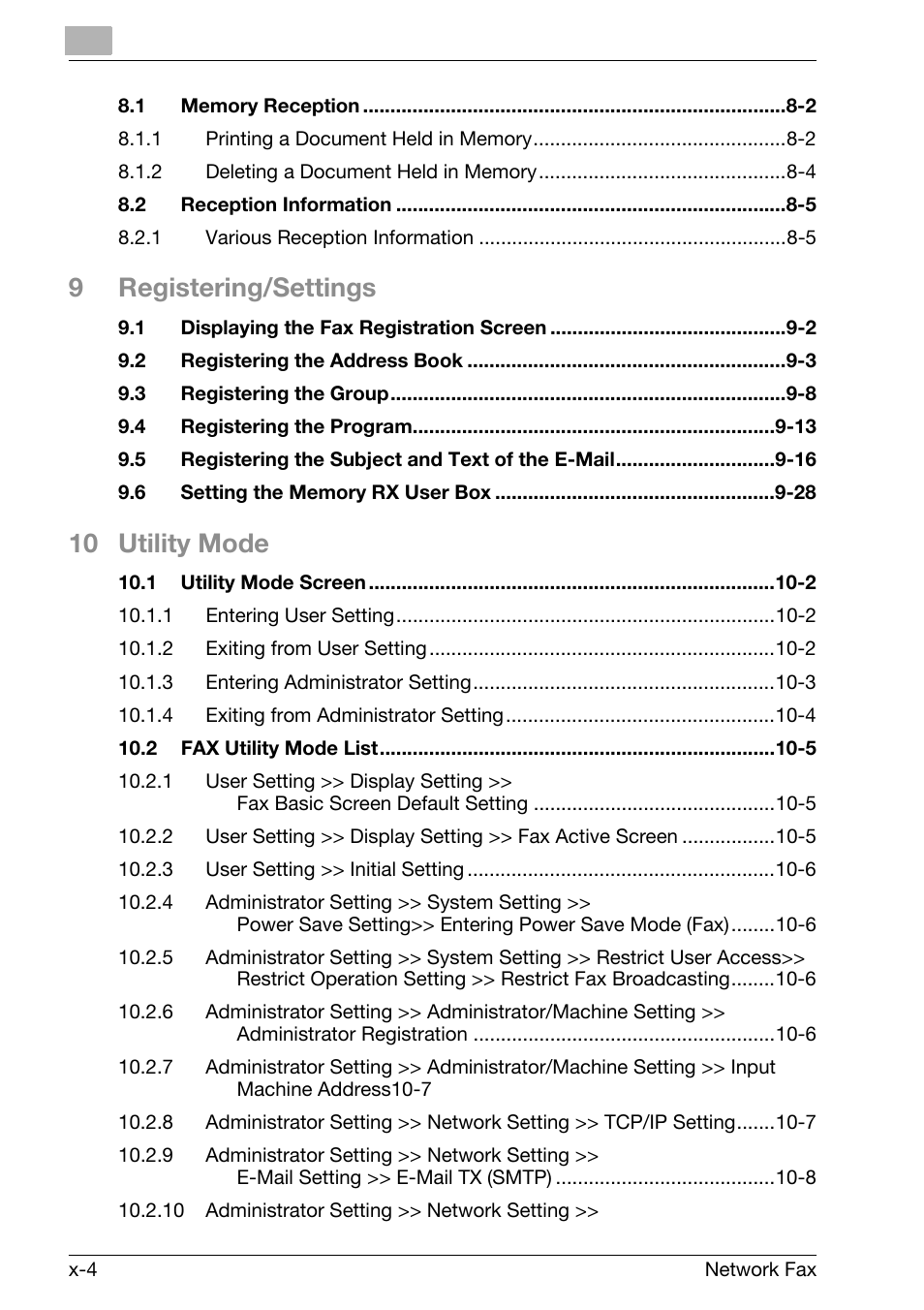 9registering/settings, 10 utility mode | Konica Minolta bizhub C250 User Manual | Page 5 / 332