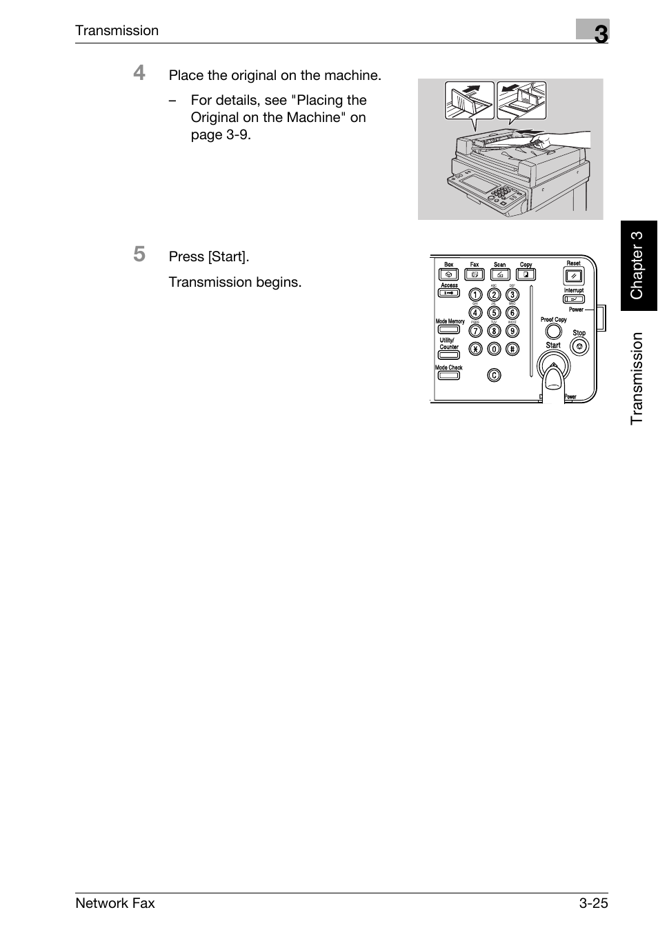 Tr an sm iss ion chapter 3, Transmission, Network fax 3-25 | Press [start]. transmission begins | Konica Minolta bizhub C250 User Manual | Page 62 / 332