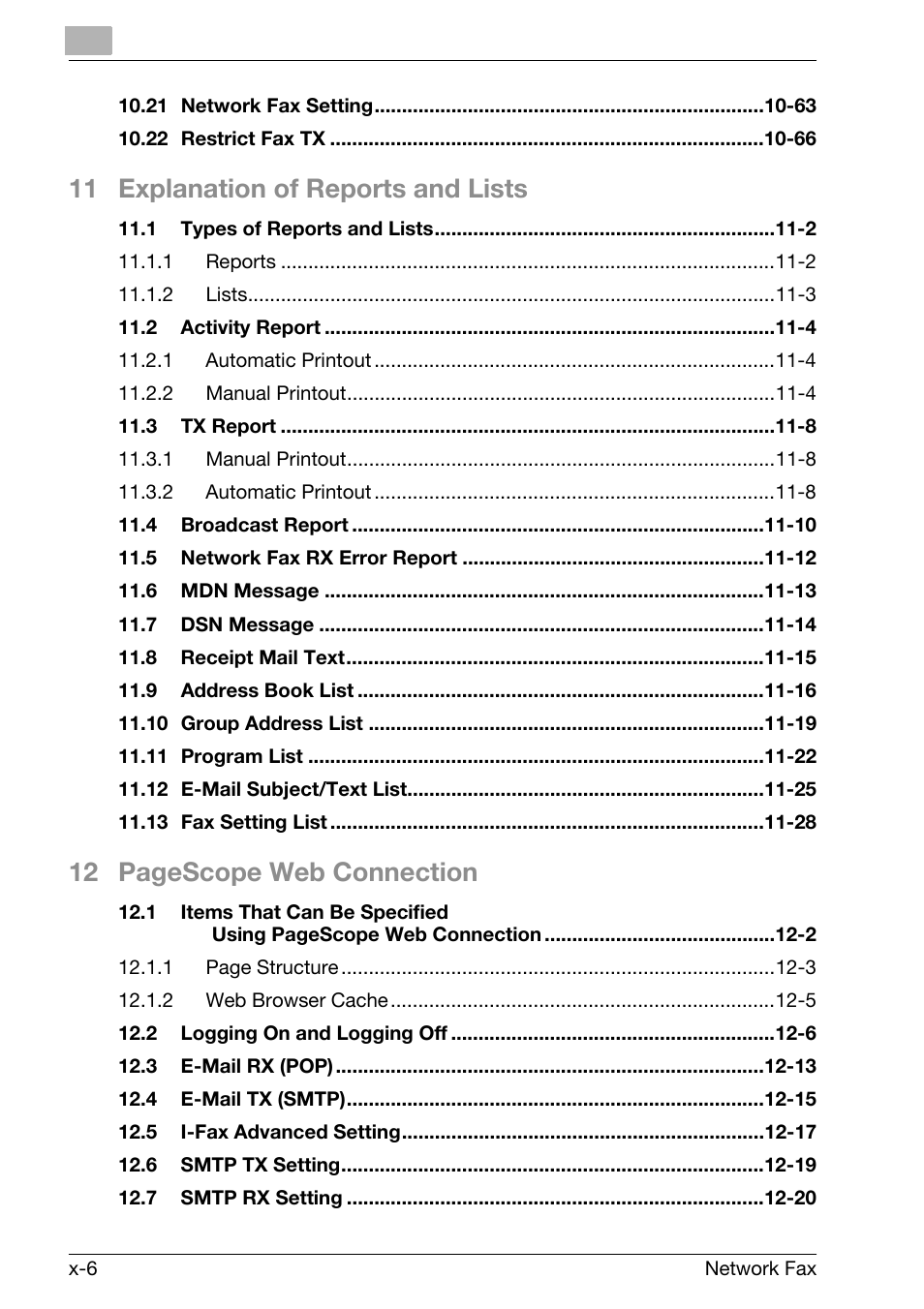 11 explanation of reports and lists, 12 pagescope web connection | Konica Minolta bizhub C250 User Manual | Page 7 / 332