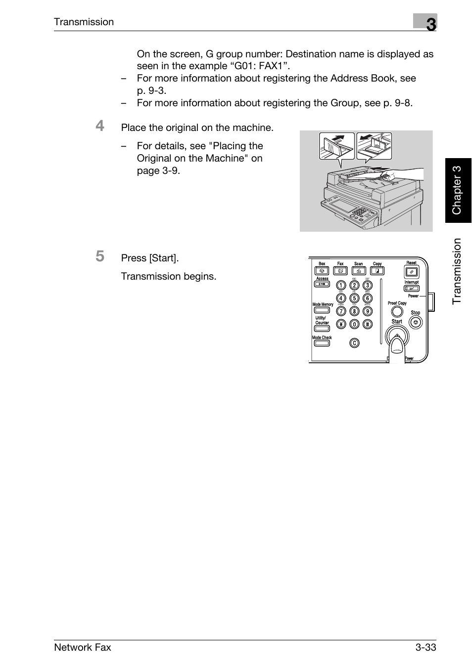 Tr an sm iss ion chapter 3, Transmission, Network fax 3-33 | Press [start]. transmission begins | Konica Minolta bizhub C250 User Manual | Page 70 / 332