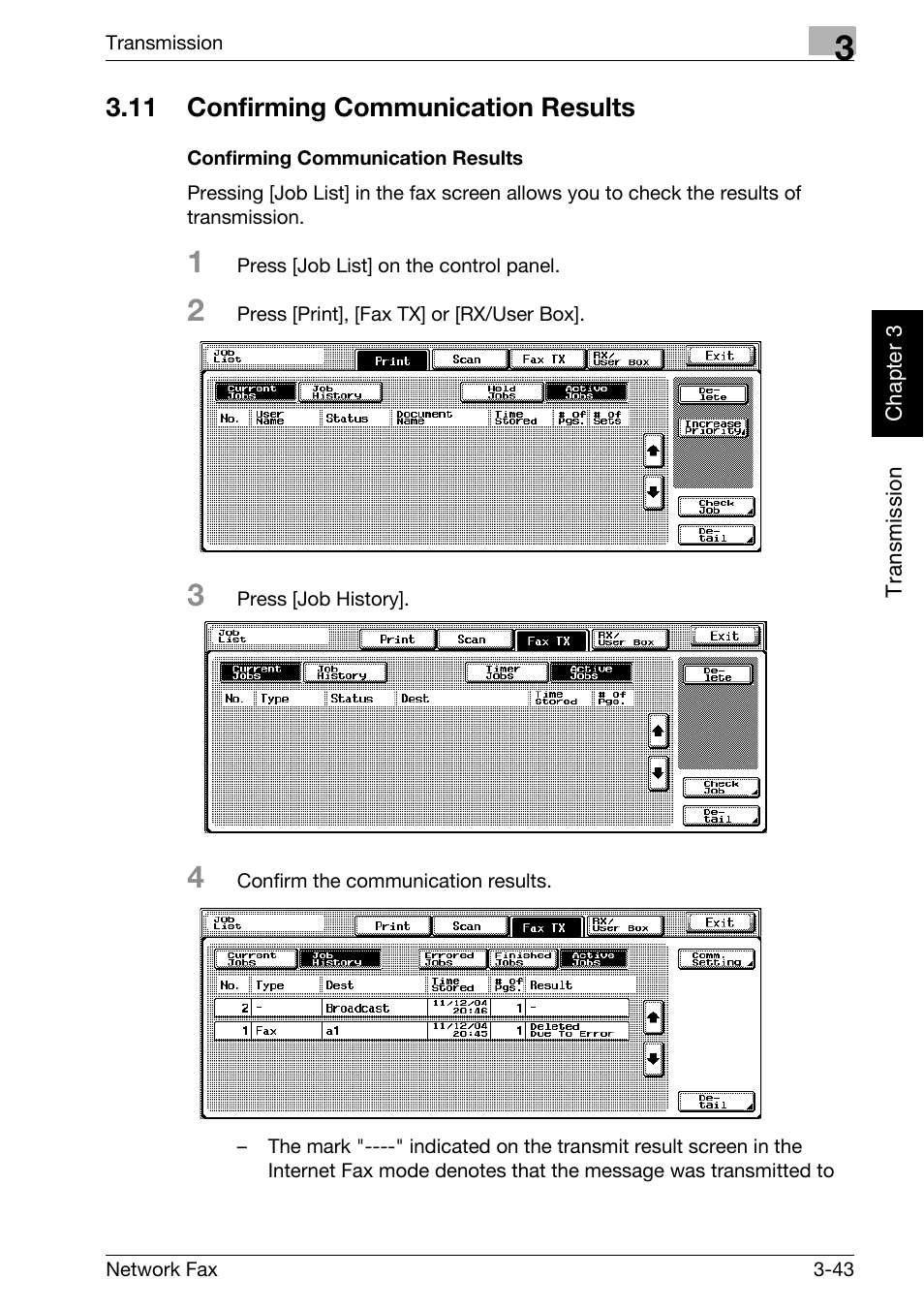 11 confirming communication results, Confirming communication results, Confirming communication results -43 | Konica Minolta bizhub C250 User Manual | Page 80 / 332