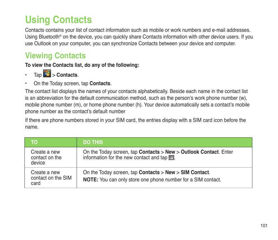 Using contacts, Viewing contacts | Asus P565 User Manual | Page 101 / 190