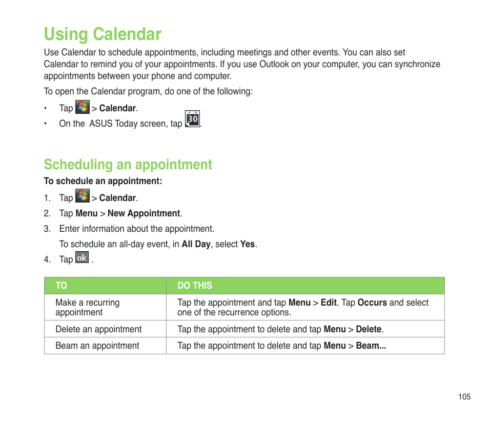 Using calendar, Scheduling an appointment | Asus P565 User Manual | Page 105 / 190