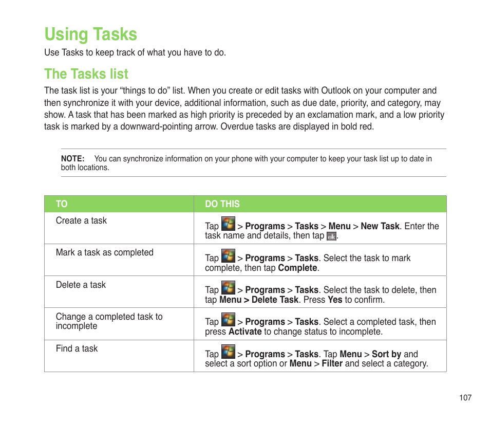 Using tasks, The tasks list | Asus P565 User Manual | Page 107 / 190