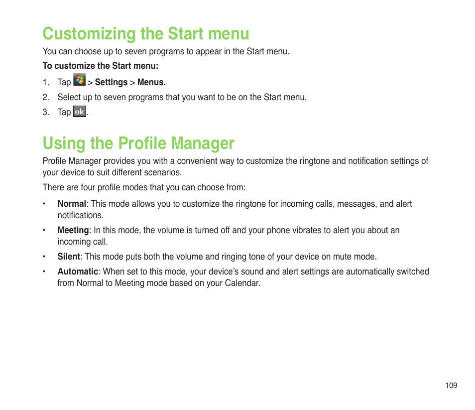 Customizing the start menu, Using the profile manager | Asus P565 User Manual | Page 109 / 190