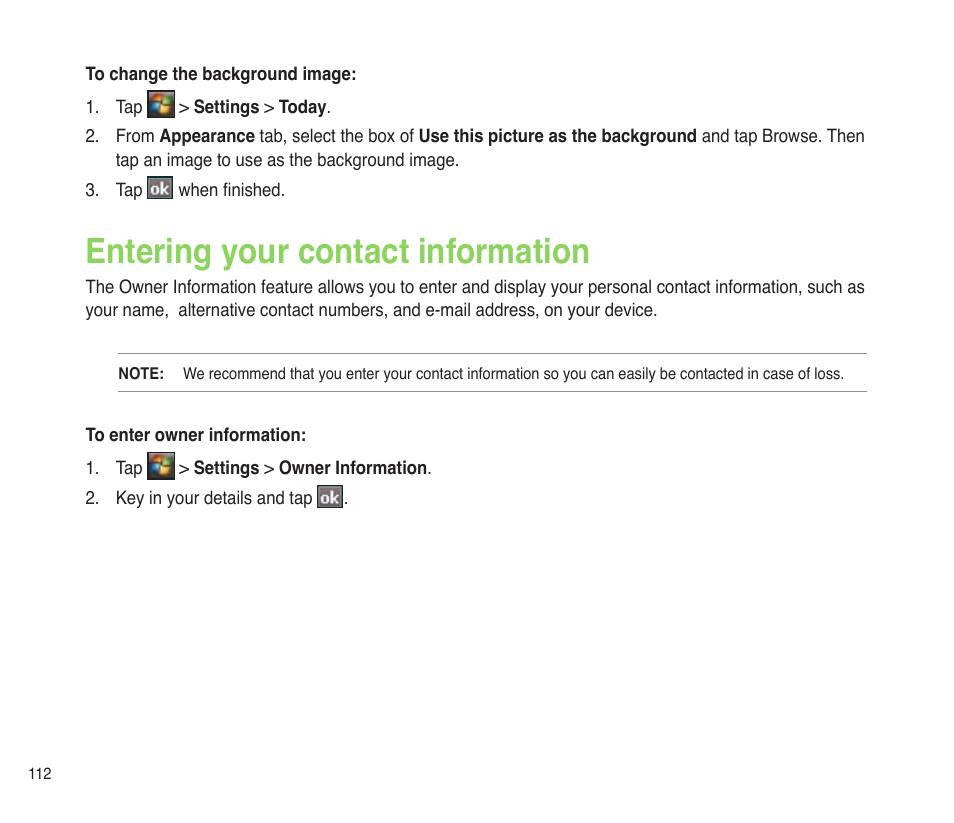 Entering your contact information | Asus P565 User Manual | Page 112 / 190
