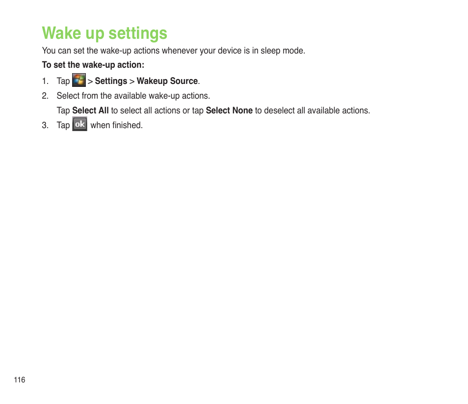 Wake up settings | Asus P565 User Manual | Page 116 / 190