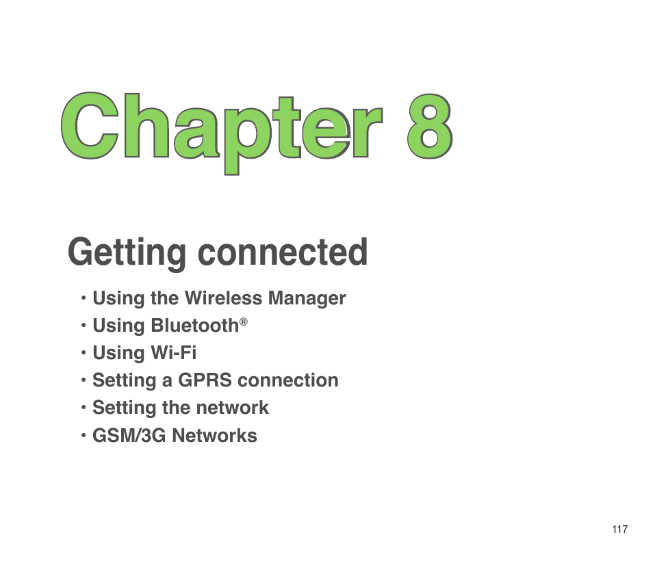 Chapter 8: getting connected, Getting connected, Chapter 8 | Asus P565 User Manual | Page 117 / 190