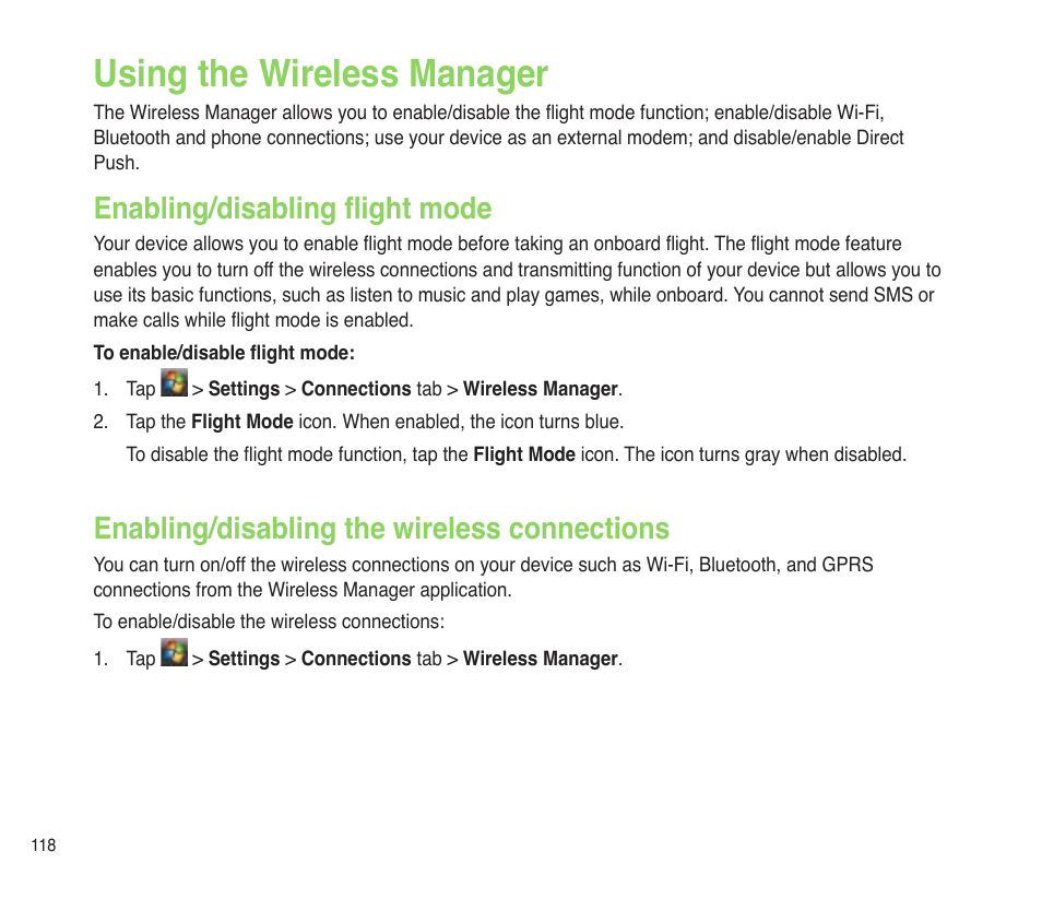 Using the wireless manager, Enabling/disabling flight mode, Enabling/disabling the wireless connections | Asus P565 User Manual | Page 118 / 190