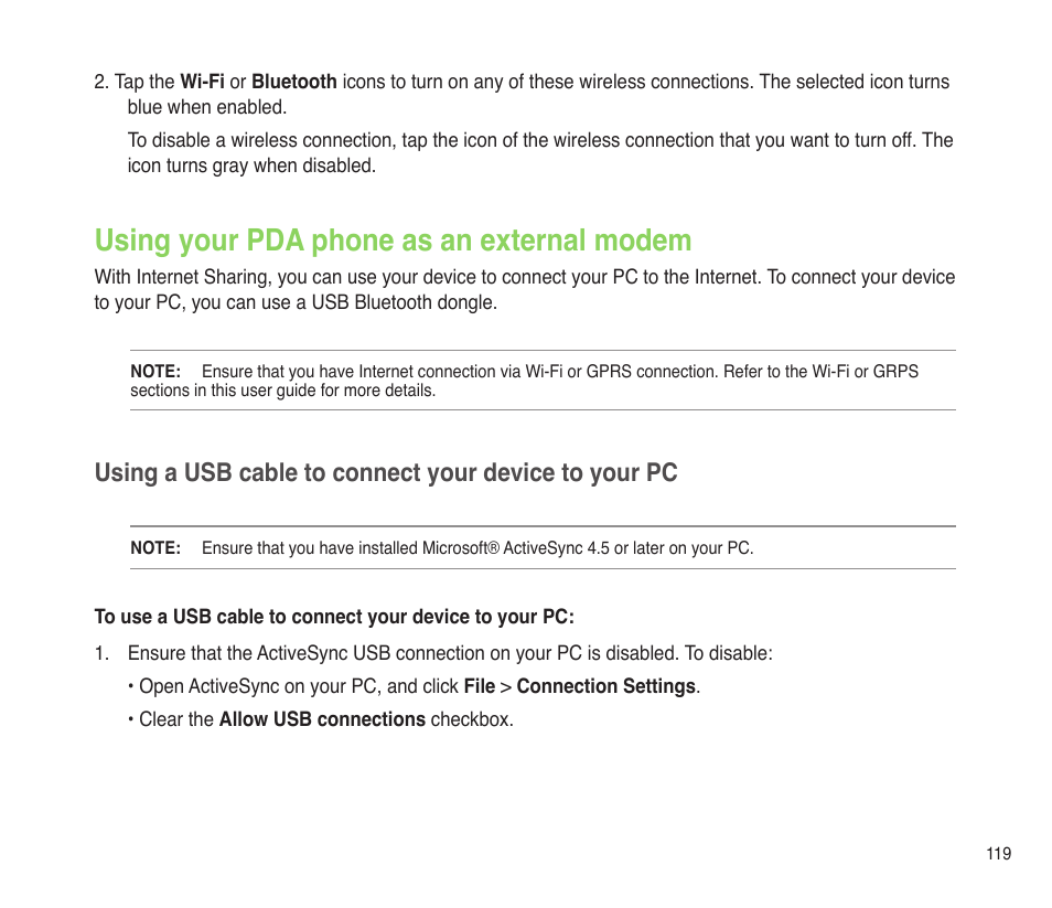 Using your pda phone as an external modem | Asus P565 User Manual | Page 119 / 190
