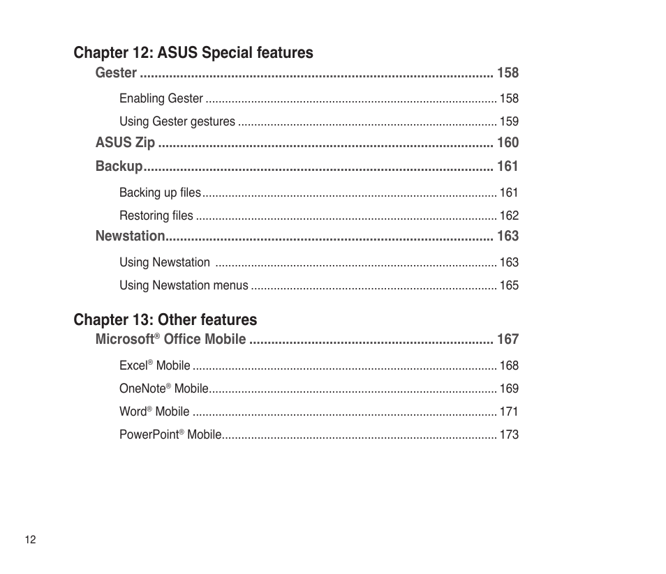Chapter 12 : asus special features, Chapter 13 : other features | Asus P565 User Manual | Page 12 / 190