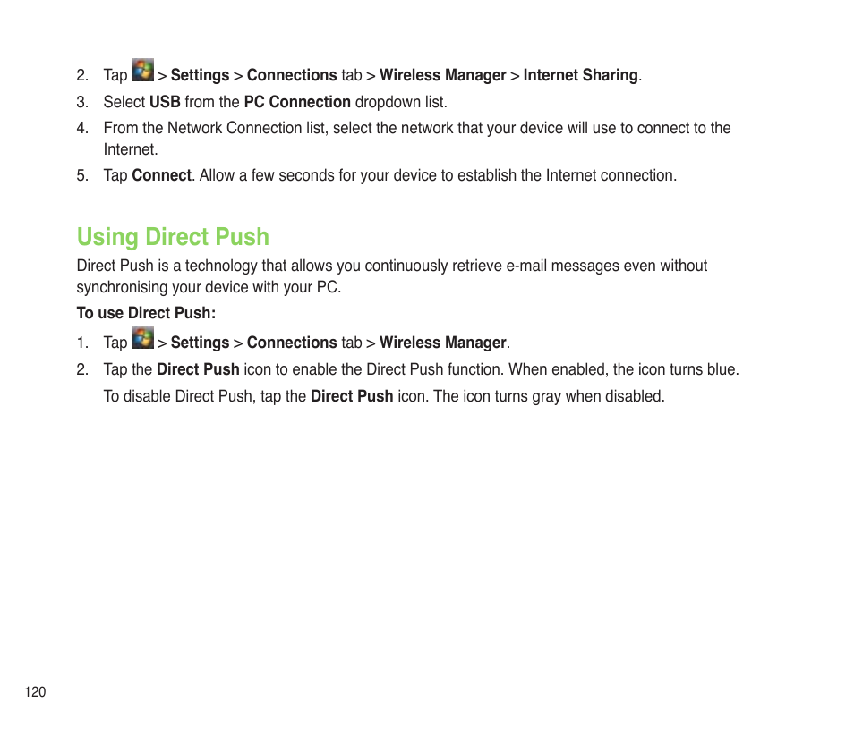 Using direct push, Using direct push 0 | Asus P565 User Manual | Page 120 / 190