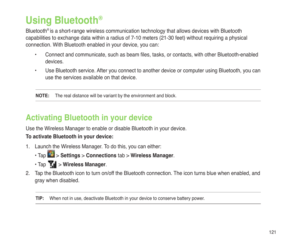 Using bluetooth, Activating bluetooth in your device, Activating bluetooth in your device 1 | Asus P565 User Manual | Page 121 / 190