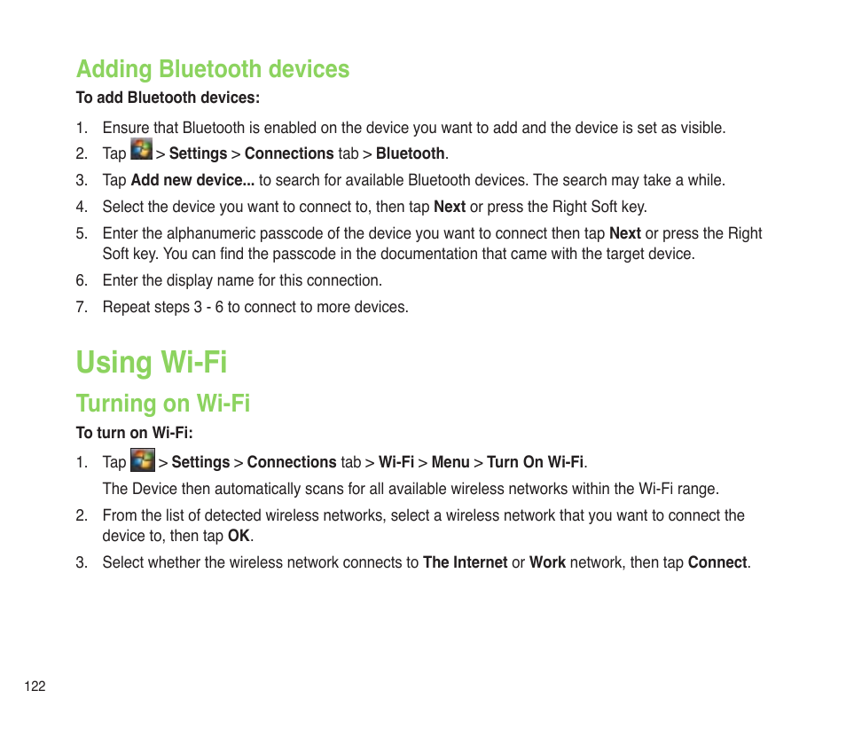 Adding bluetooth devices, Using wi-fi, Turning on wi-fi | Asus P565 User Manual | Page 122 / 190