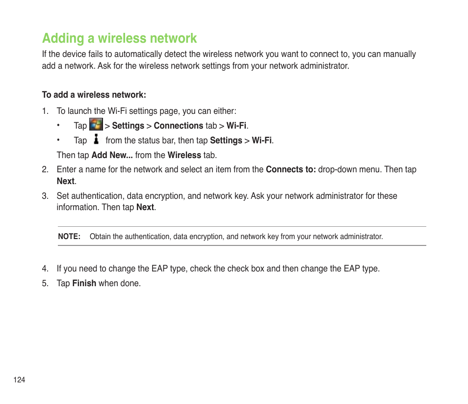 Adding a wireless network, Adding a wireless network 4 | Asus P565 User Manual | Page 124 / 190