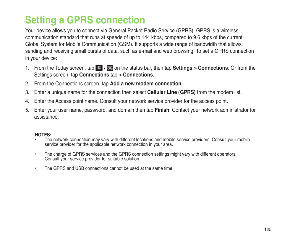 Setting a gprs connection | Asus P565 User Manual | Page 125 / 190