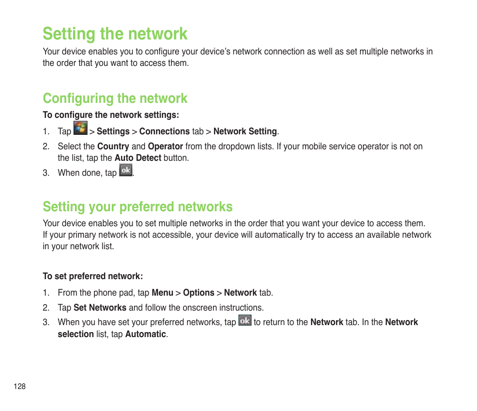 Setting the network, Configuring the network, Setting your preferred networks | Asus P565 User Manual | Page 128 / 190